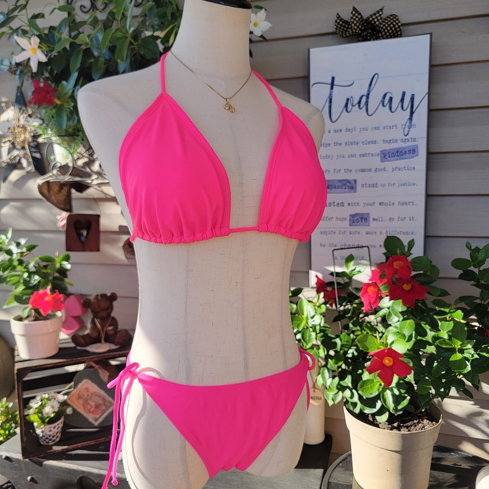 O P ♡ Gorgeous 2pc Bright Pink Padded Bralette String Bikini Swimsuit L | XL
